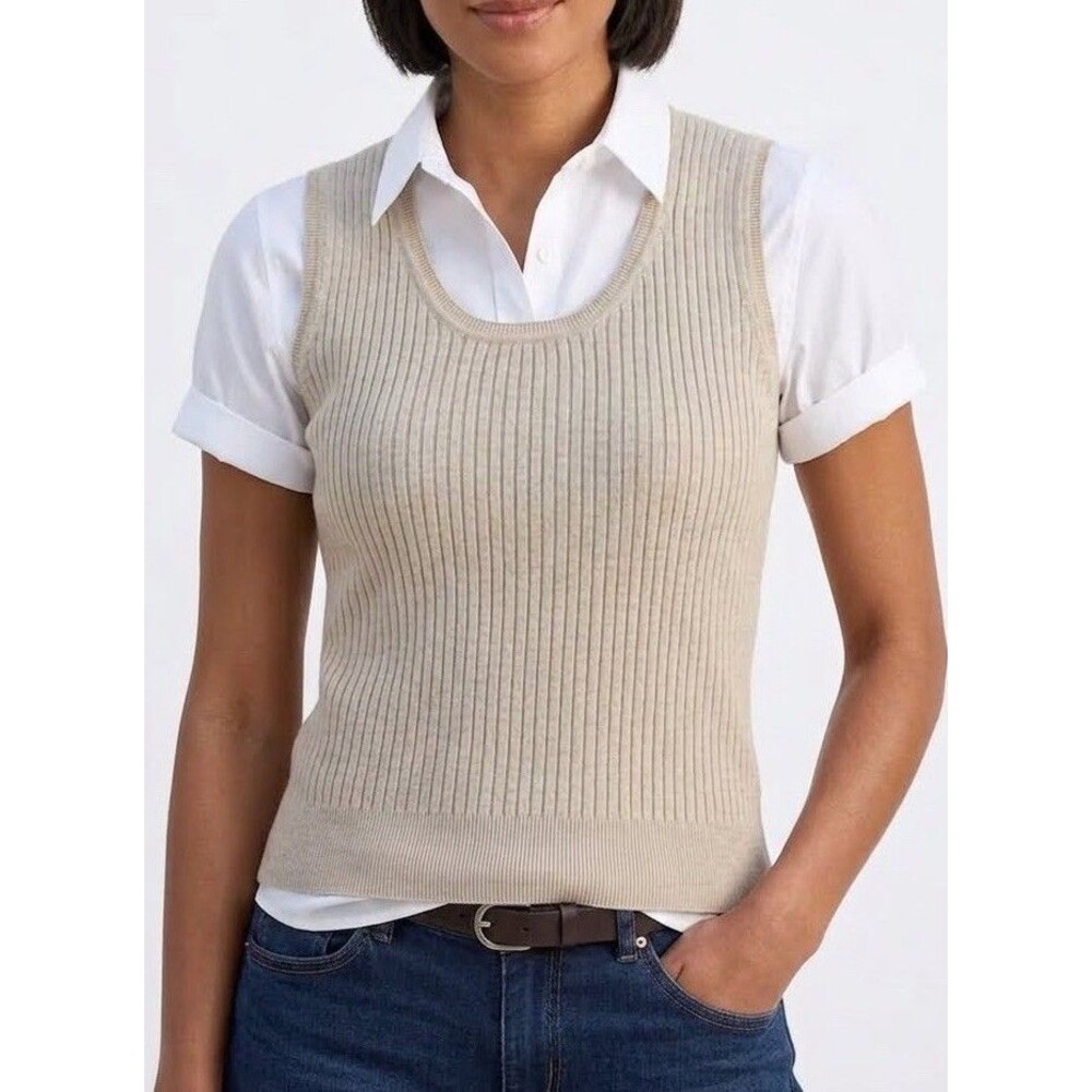 Silk Knit Sweater Vest Medium Beige Ribbed Scoop Neck Layer Old Money Minimalist